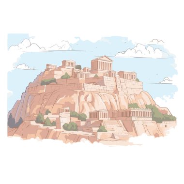 Akropolis. Akropolis el yapımı çizgi roman çizimi. Vektör karalama stili çizgi film çizimi