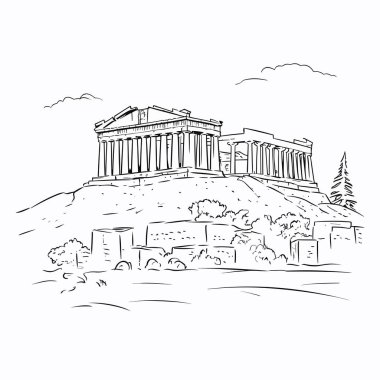 Akropolis. Akropolis el yapımı çizgi roman çizimi. Vektör karalama stili çizgi film çizimi