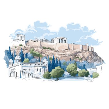 Akropolis. Akropolis el yapımı çizgi roman çizimi. Vektör karalama stili çizgi film çizimi