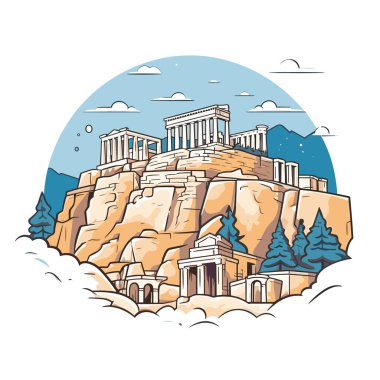 Akropolis. Akropolis el yapımı çizgi roman çizimi. Vektör karalama stili çizgi film çizimi