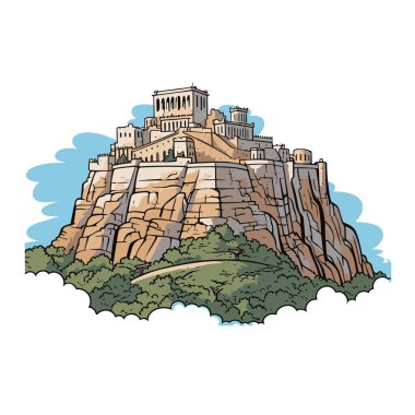 Akropolis. Akropolis el yapımı çizgi roman çizimi. Vektör karalama stili çizgi film çizimi