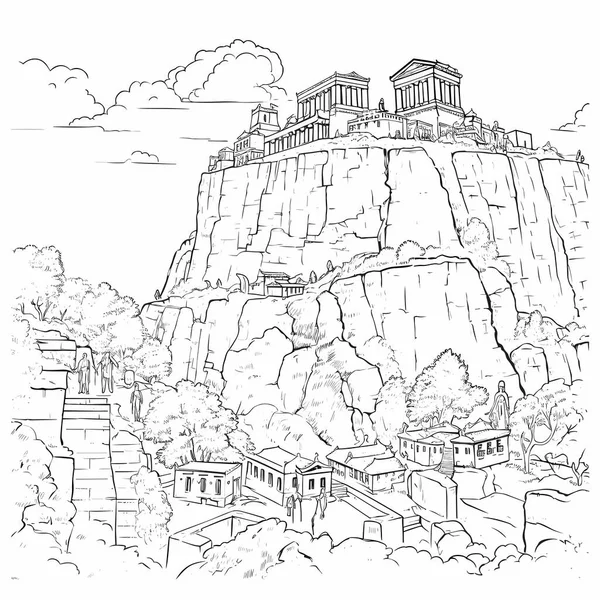 Ακρόπολη Χειροποίητη Κωμική Απεικόνιση Της Ακρόπολης Εικονογράφηση Στυλ Διανυσματικών Σκίτσων — Διανυσματικό Αρχείο