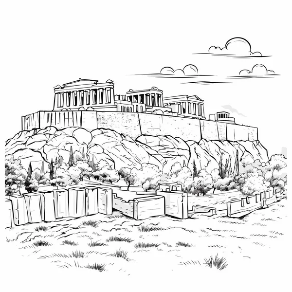 Akropolis Akropolis Handritad Serietidning Vektor Klotter Stil Tecknad Illustration — Stock vektor