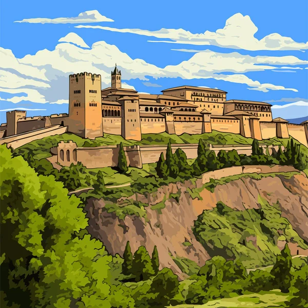 Alhambra Ilustracja Komiksu Alhambry Wektor Doodle Styl Kreskówki Ilustracja — Wektor stockowy
