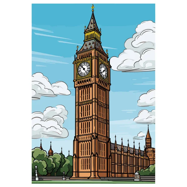 Big Ben Big Ben Dibujado Mano Ilustración Cómica Vector Doodle — Vector de stock