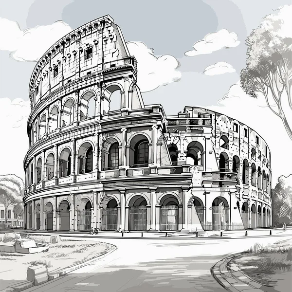 Kolosseum Colosseum Handgezeichnete Comic Illustration Zeichentrickfilm Vector Doodle Stil — Stockvektor