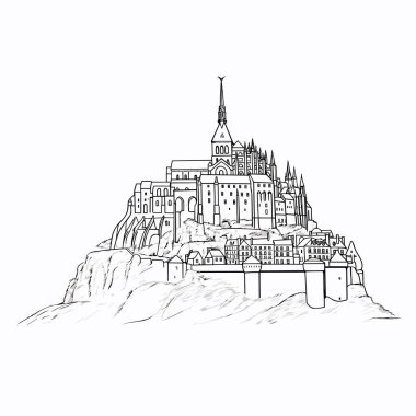 Mont Saint Michel 'de. Mont Saint-Michel el çizimi çizgi roman illüstrasyonu. Vektör karalama stili çizgi film çizimi