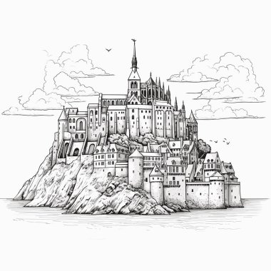 Mont Saint Michel 'de. Mont Saint-Michel el çizimi çizgi roman illüstrasyonu. Vektör karalama stili çizgi film çizimi