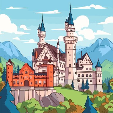 Neuschwanstein. Neuschwanstein Şatosu el yapımı çizgi roman çizimi. Vektör karalama stili çizgi film çizimi