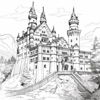 Neuschwanstein. Neuschwanstein Şatosu el yapımı çizgi roman çizimi. Vektör karalama stili çizgi film çizimi