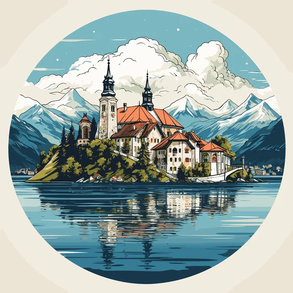 Lago Bled Lake Bled Ilustração Cômica Desenhada Mão Vector Doodle —  Vetores de Stock