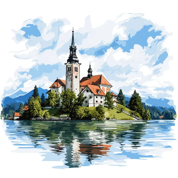 Lago Bled Lake Bled Ilustración Cómica Dibujada Mano Vector Doodle — Vector de stock