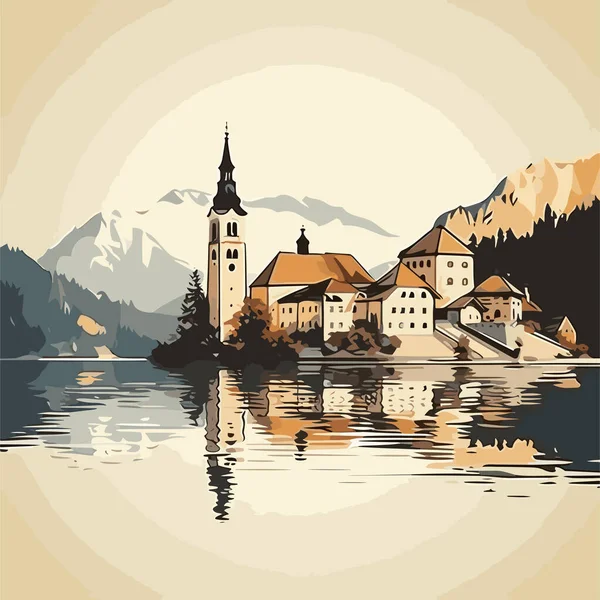 Lago Bled Lake Bled Ilustración Cómica Dibujada Mano Vector Doodle — Archivo Imágenes Vectoriales