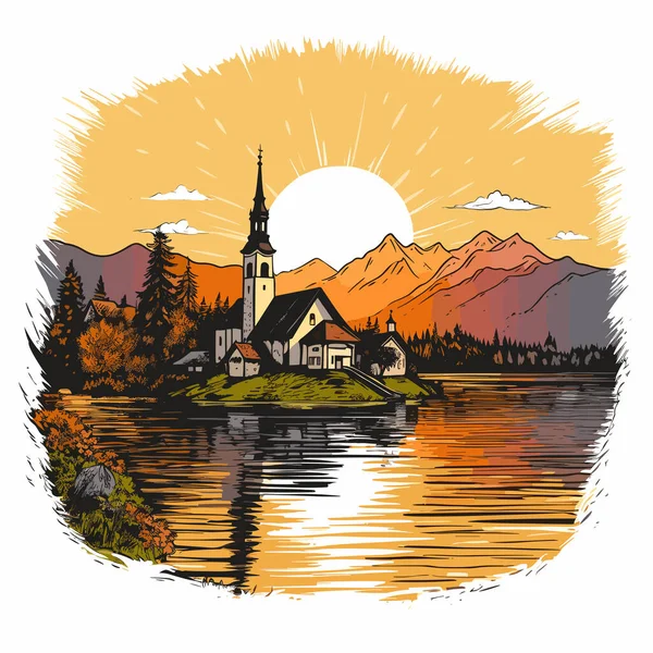 Lago Bled Illustrazione Fumetti Disegnata Mano Sul Lago Bled Illustrazione — Vettoriale Stock