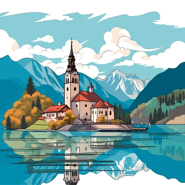 Lago Bled Lake Bled Ilustración Cómica Dibujada Mano Vector Doodle — Vector de stock