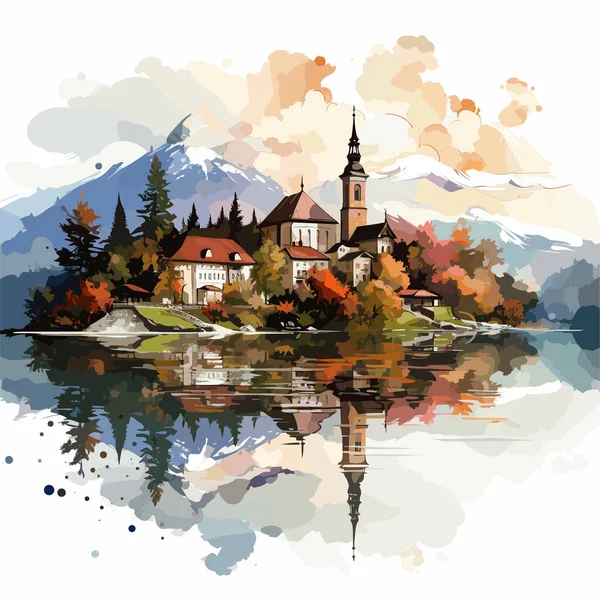 Λίμνη Μπλεντ Λίμνη Bled Ζωγραφισμένα Στο Χέρι Κωμική Απεικόνιση Εικονογράφηση — Διανυσματικό Αρχείο