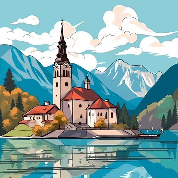 Lake Bled Lake Bled Handritad Serietidning Illustration Vektor Klotter Stil — Stock vektor