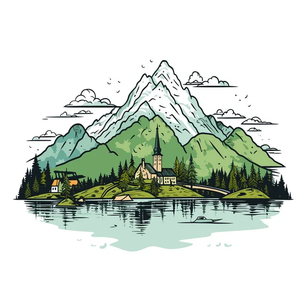 Jezero Bled Jezero Krvavý Ručně Kreslený Komiks Vektorové Kreslené Kreslené — Stockový vektor