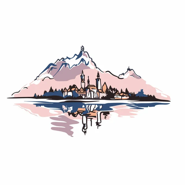 Lake Bled Lake Bled Met Hand Getekend Stripverhaal Vector Doodle — Stockvector