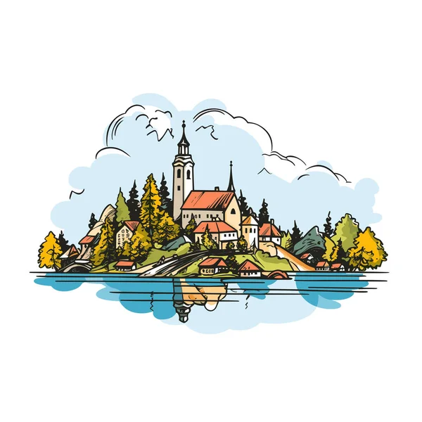 Jezioro Bled Jezioro Bled Ręcznie Rysowane Ilustracja Komiksu Wektor Doodle — Wektor stockowy