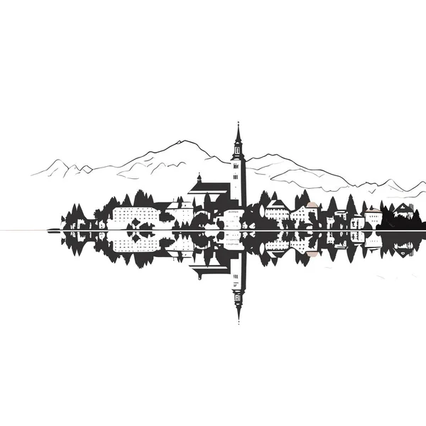 Bled Lake Bled Kézzel Rajzolt Képregény Illusztráció Vector Firka Stílusú — Stock Vector