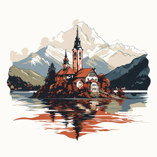 Lago Bled Lake Bled Ilustración Cómica Dibujada Mano Vector Doodle — Archivo Imágenes Vectoriales