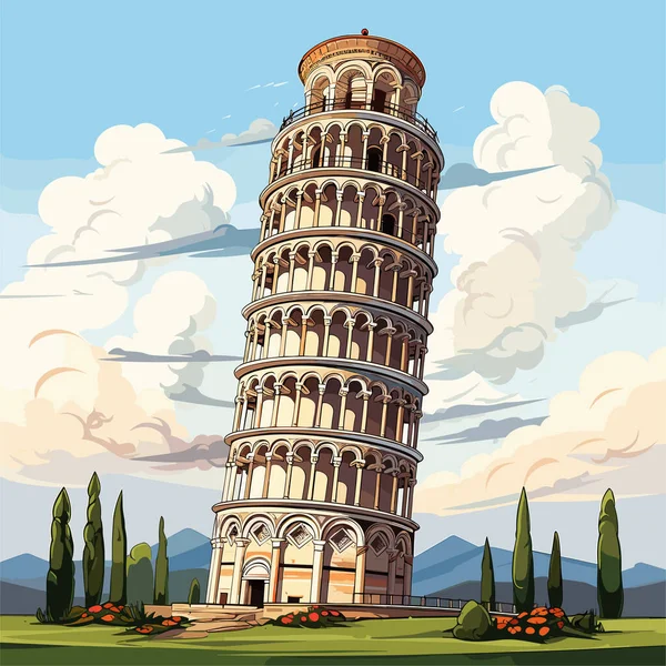 Torre Inclinada Pisa Torre Inclinada Pisa Ilustración Cómica Dibujada Mano — Archivo Imágenes Vectoriales