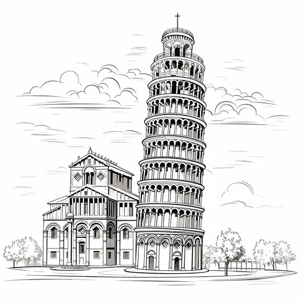 Krzywa Wieża Pizie Krzywa Wieża Ilustracji Komiksu Pizy Wektor Doodle — Wektor stockowy