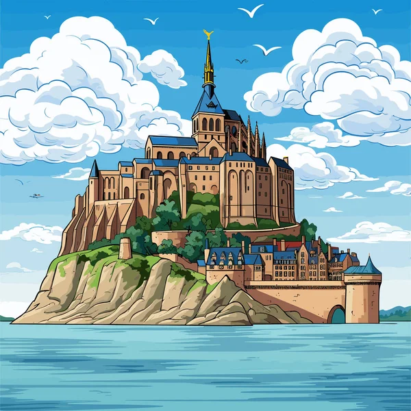Mont Saint Michel Mont Saint Michel Çizimi Çizgi Roman Illüstrasyonu — Stok Vektör