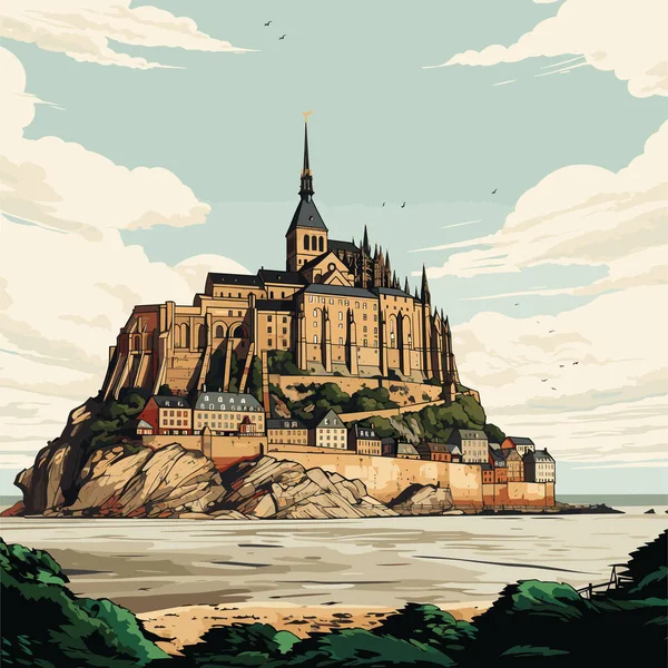 Μοντ Σεντ Μισέλ Χειροποίητη Κωμική Απεικόνιση Του Mont Saint Michel — Διανυσματικό Αρχείο