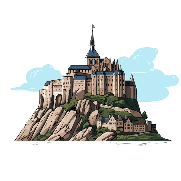 몽생미셸 Mont Saint Michel 손으로 스타일의 일러스트 — 스톡 벡터