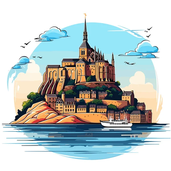 Mont Saint Michel Mont Saint Michel Çizimi Çizgi Roman Illüstrasyonu — Stok Vektör