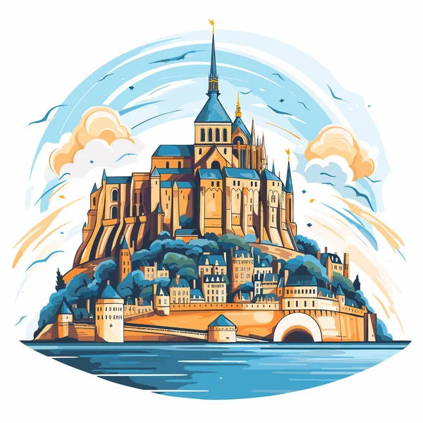 Mont Saint Michelben Mont Saint Michel Kézzel Rajzolt Képregény Illusztráció — Stock Vector