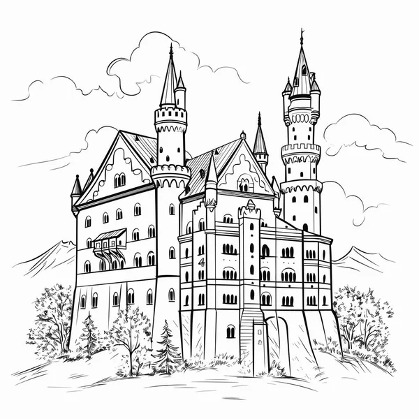 Neuschwanstein Schloss Neuschwanstein Handgezeichnete Comic Illustration Zeichentrickfilm Vector Doodle Stil — Stockvektor