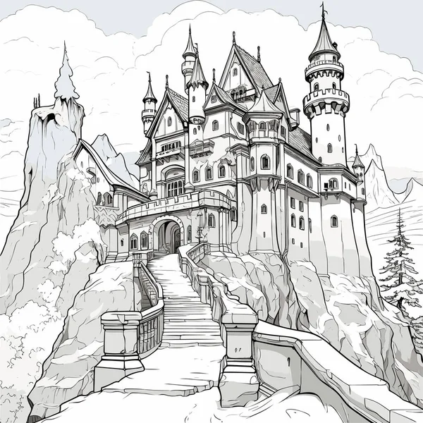 纽什万斯坦纽什万斯坦城堡手绘漫画 矢量涂鸦风格卡通画 — 图库矢量图片