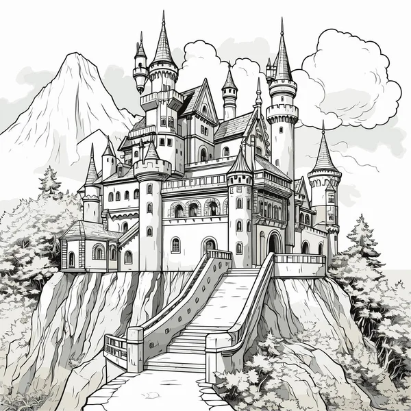 Neuschwanstein Schloss Neuschwanstein Handgezeichnete Comic Illustration Zeichentrickfilm Vector Doodle Stil — Stockvektor