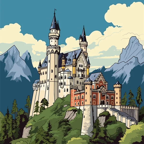 Neuschwanstein Castello Neuschwanstein Illustrazione Fumetti Disegnata Mano Illustrazione Del Fumetto — Vettoriale Stock