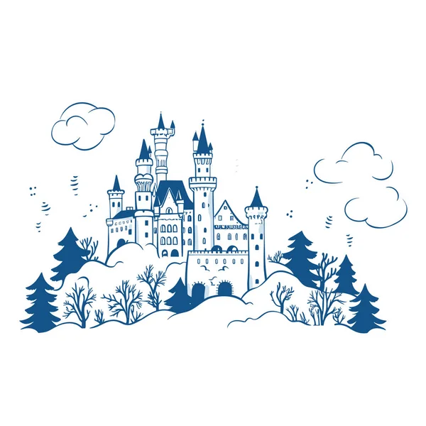Neuschwanstein Neuschwanstein Κάστρο Ζωγραφισμένα Στο Χέρι Κωμική Απεικόνιση Εικονογράφηση Στυλ — Διανυσματικό Αρχείο