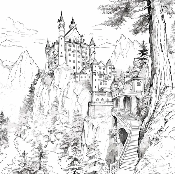 纽什万斯坦纽什万斯坦城堡手绘漫画 矢量涂鸦风格卡通画 — 图库矢量图片