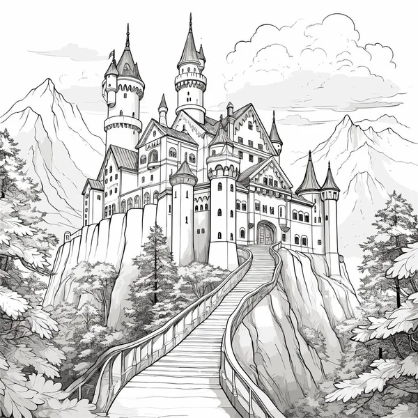 Neuschwanstein Neuschwanstein Κάστρο Ζωγραφισμένα Στο Χέρι Κωμική Απεικόνιση Εικονογράφηση Στυλ — Διανυσματικό Αρχείο
