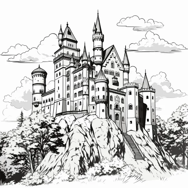 Neuschwanstein Castello Neuschwanstein Illustrazione Fumetti Disegnata Mano Illustrazione Del Fumetto — Vettoriale Stock