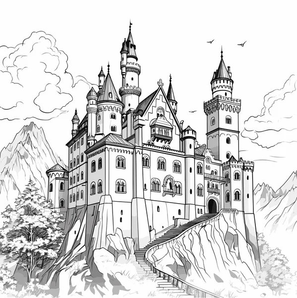 Neuschwanstein Neuschwanstein Şatosu Yapımı Çizgi Roman Çizimi Vektör Karalama Stili — Stok Vektör
