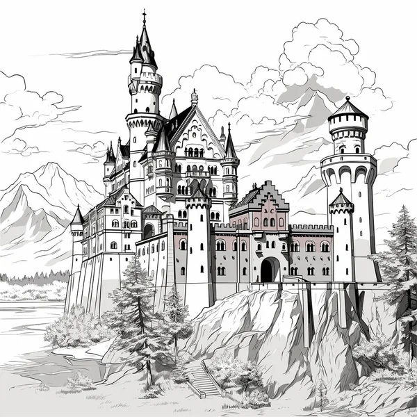 Neuschwanstein Neuschwanstein Zamek Ręcznie Rysowane Ilustracji Komiksu Wektor Doodle Styl — Wektor stockowy