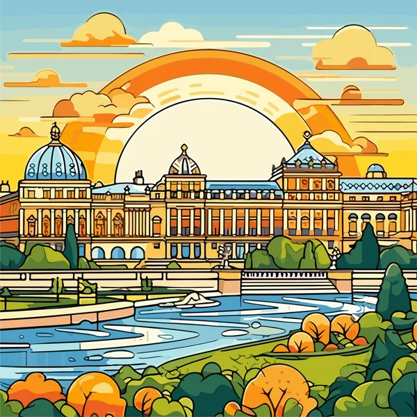 Schloss Versailles Handgezeichnete Comic Illustration Des Schlosses Von Versailles Zeichentrickfilm — Stockvektor