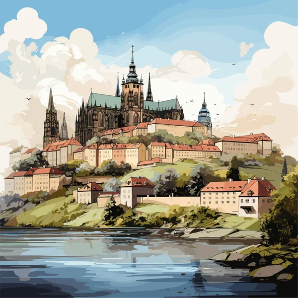 Prager Burg Handgezeichnete Comic Illustration Der Prager Burg Zeichentrickfilm Vector — Stockvektor