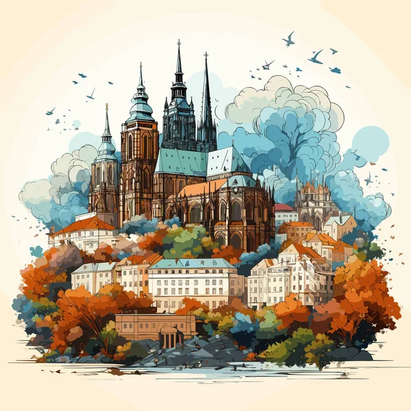 Château Prague Château Prague Illustration Comique Dessinée Main Illustration Vectorielle — Image vectorielle