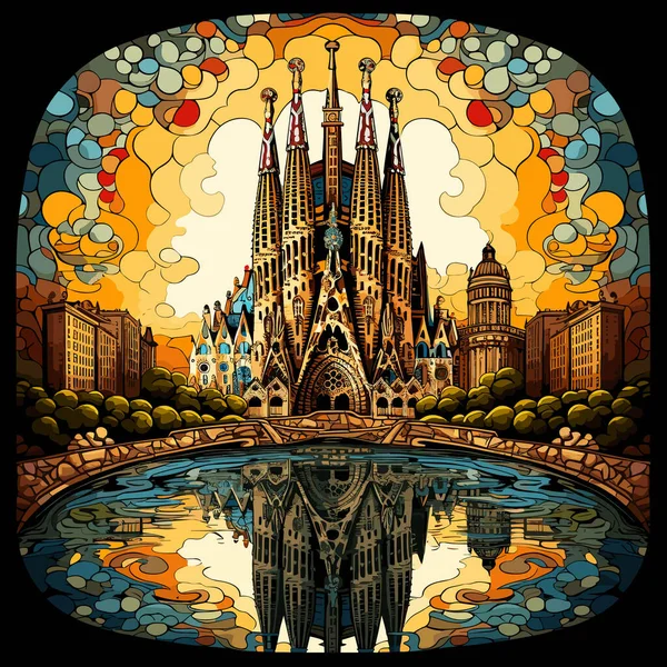 Σαγράδα Φαμίλια Sagrada Familia Ζωγραφισμένα Στο Χέρι Κωμική Απεικόνιση Εικονογράφηση — Διανυσματικό Αρχείο