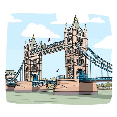 Tower Köprüsü. Tower Bridge el çizimi çizgi roman çizimi. Vektör karalama stili çizgi film çizimi