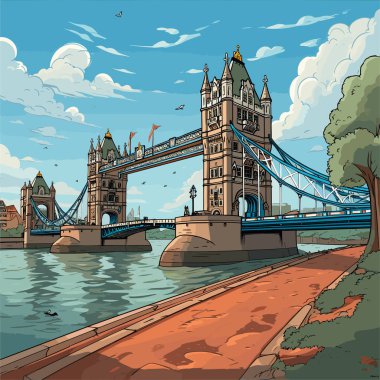 Tower Köprüsü. Tower Bridge el çizimi çizgi roman çizimi. Vektör karalama stili çizgi film çizimi