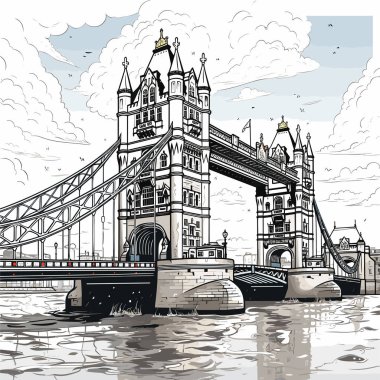 Tower Köprüsü. Tower Bridge el çizimi çizgi roman çizimi. Vektör karalama stili çizgi film çizimi